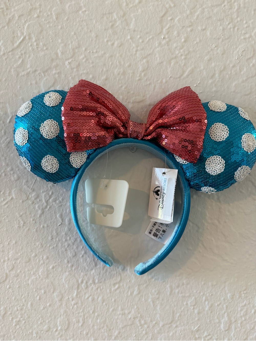 Disney Sequin Minnie Ears Headband - Turquoise Polka Dot Ears with Pink Bow